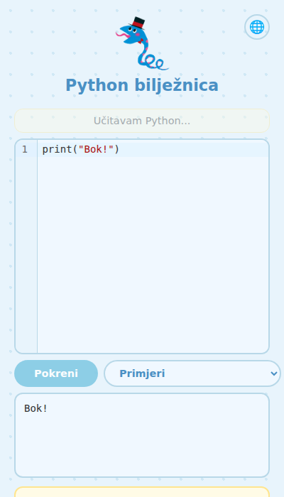 Zaslon koji prikazuje rezultate pokretanja koda
